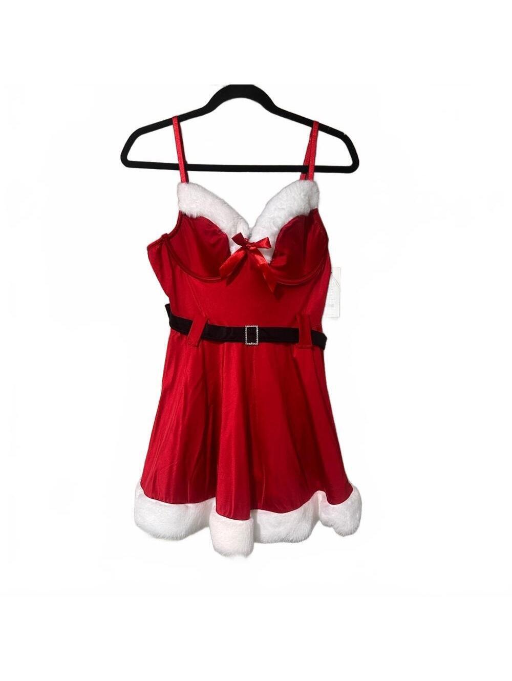 Red Holiday Fleece-Trim Chemise Nightdress